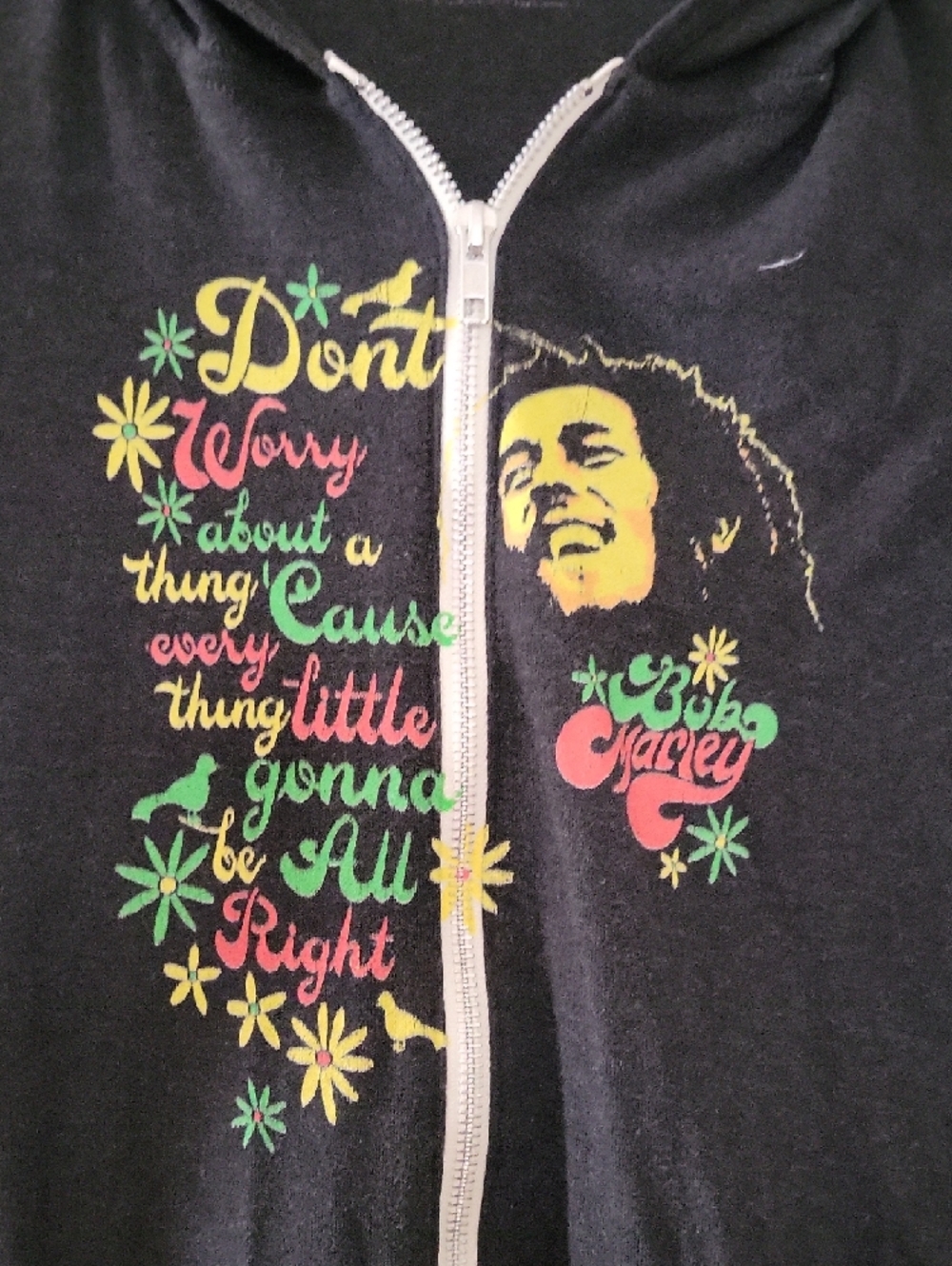 Bob Marley Zip-Up Hoodie in Heathered Black with Rasta Graphic - Picture 2 of 4